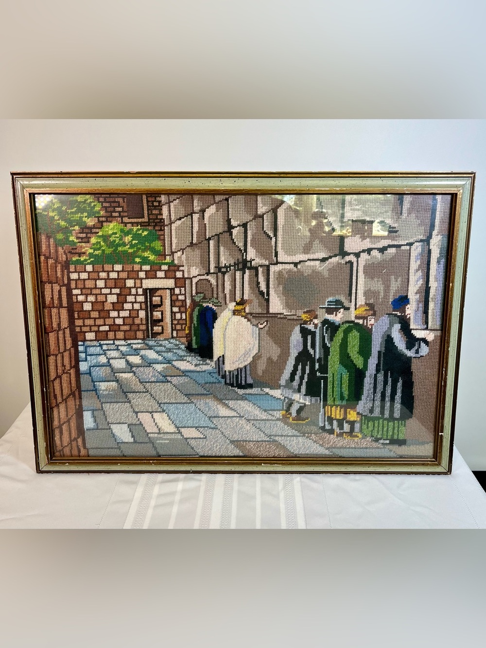 Vintage Needlepoint Jewish Wailing Wall Prayer Jerusalem Judaica Orthodox Framed